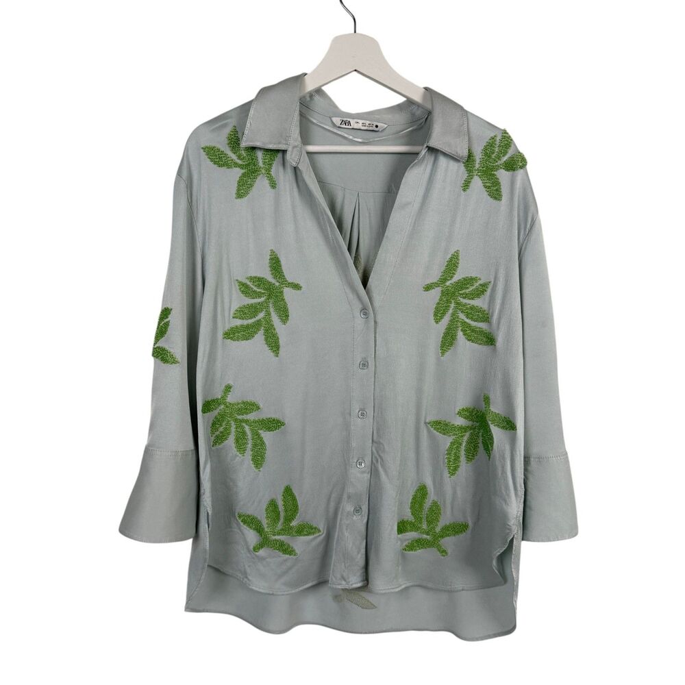 Zara Blue Green Embroidered Blouse L Satin Floral Boho Chic 3/4 Sleeve Shirt